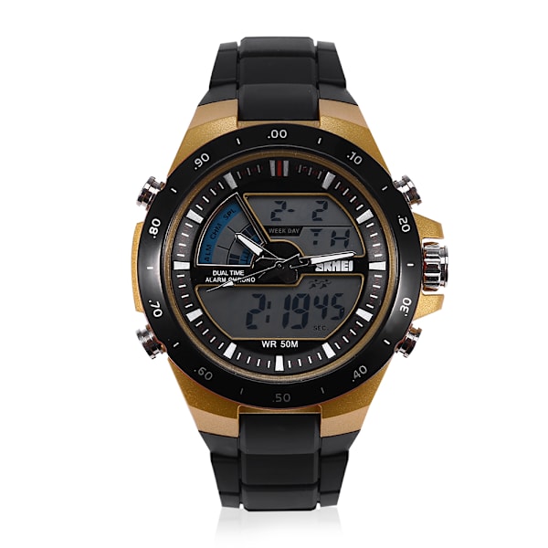 Herr Man Armbandsur Analog Digital Bakgrundsbelysning Dubbeltid Rund Watch Guld Svart
