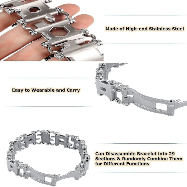Multifunktionellt verktygsarmband 29 i 1 rostfritt stål utomhusöverlevnad nödarmband, vuxen, silver