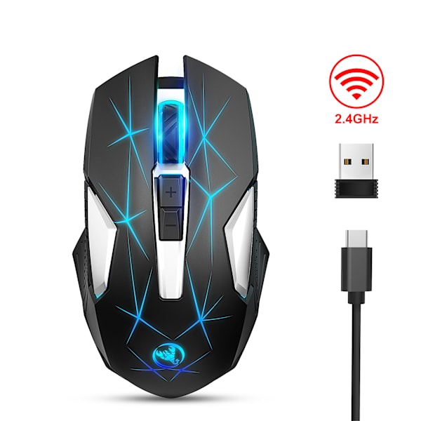 Trådlös spelmus, uppladdningsbar Silent Click trådlös mus med färgglada LED-lampor och 3 nivåer DPI ergonomiska optiska möss för bärbar dator och dator