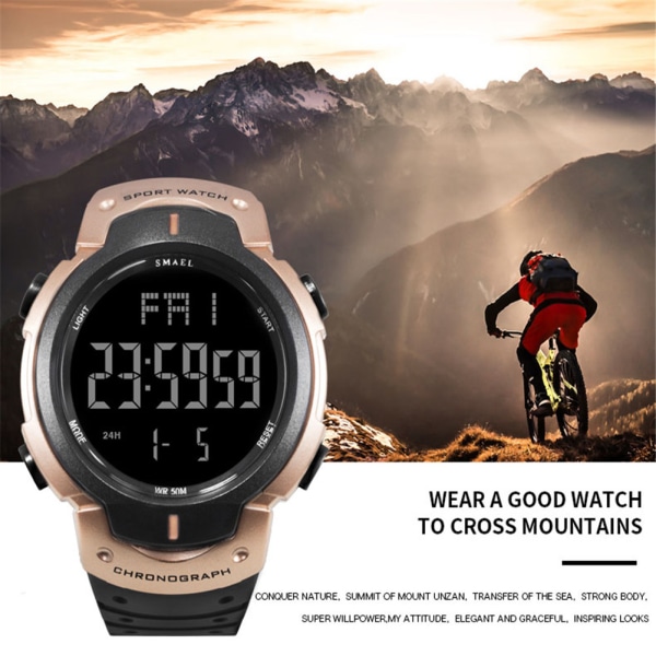 Outdoor Digital Dial Waterproof Luminous Sports Armbandsur för män (svart guld)
