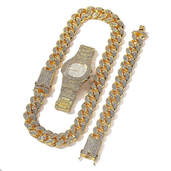 3st Hip Hop Halsband Armband Watch Set Iced Out Bling Chain Herr Smycken Dam Accessoarer,22 tums Kedja,hane