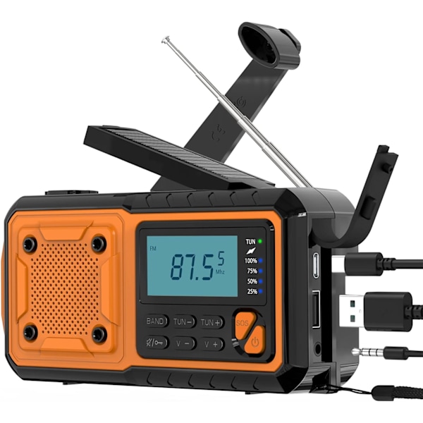 Solradio, Bärbar Radio, Nödväder 4000mAh Handvevradio med FM/AM(MW)/SW/WBA Dynamoradio, med LED-ficklampa/SOS-alarm/USB-kabel för