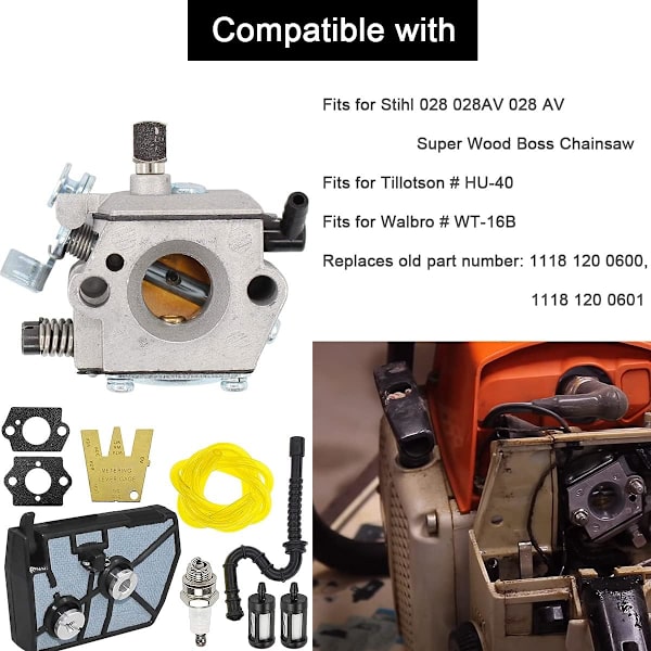 Reservedele til Stihl 028 028AV 028 Super motorsav, erstatter Walbro #WT-16B, til Tillotson #HU-40, med pakning luftfilter