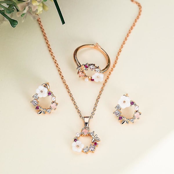 Mode Rose Gold Crystal Hänge Halsband Örhängen Ringar Set Elegant Bröllopssmycke Set Kompatibel med Kvinnor Blommor Bijoux Present, barn, 2st