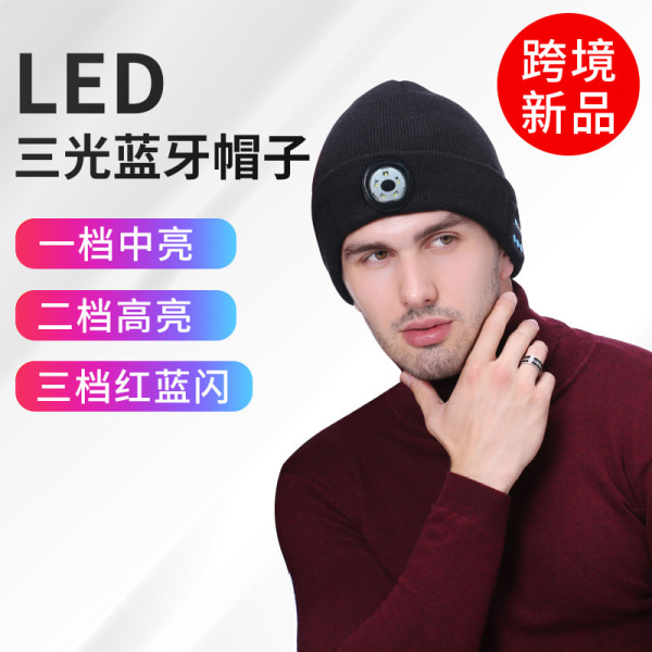 LED Bluetooth5.0 glödande mössa, USB uppladdningsbar musikalisk löpande glödande mössa, 4 LED-lampor med varm stickad cap för skidåkning, vandring, camping, cykling