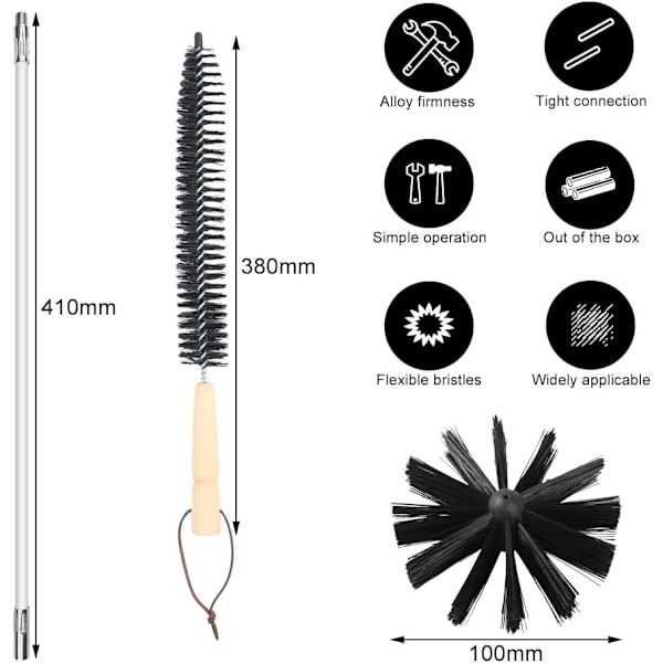 Siili-savupiippujen puhdistussarja, 22 osaa, 18 kpl 41 cm:n sauvaa, 2 kpl 10 cm:n harjapäätä, 1 kpl 4,5 cm:n kuusiokulmaista sauvaa, 1 kpl puinen kahvaharja