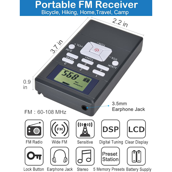 Mini bärbar FM-radio, stereo LCD-display, fickradio med hörlurar, liten fickradio som drivs av