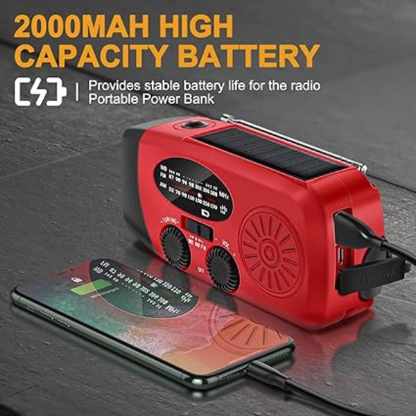 Bärbar Solar Radio Nödradio Väder 2000mAh Handvev Radio med AM FM NOAA Dynamo Radio IPX3 Telefon Laddning med LED Ficklampa SOS Alarm U