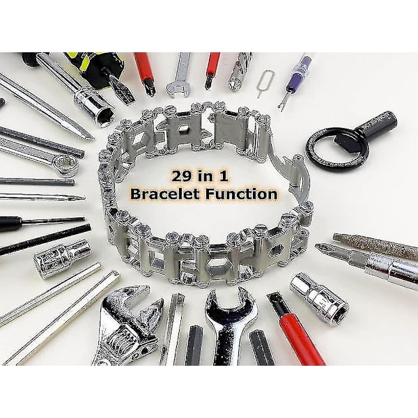 Multifunktionellt verktygsarmband 29 i 1 rostfritt stål utomhusöverlevnad nödarmband, vuxen, silver