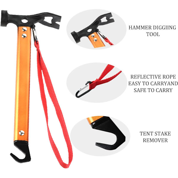Campinghammare i kolstål, aluminium, 12 tum (ca 30,5 cm) Liten lätt 3-i-1 funktionell tälthammare för vandringssats Orange