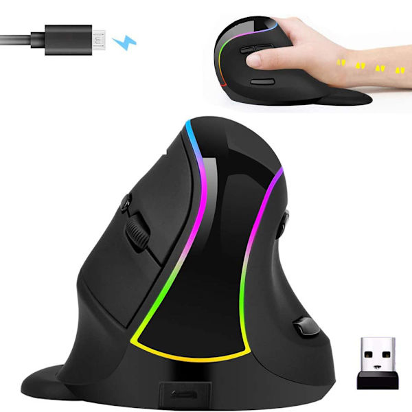 Ergonomisk mus trådlös, vertikal Bluetooth mus, laddningsbar, 2,4G RGB optiska vertikala möss med 4 justerbara DPI