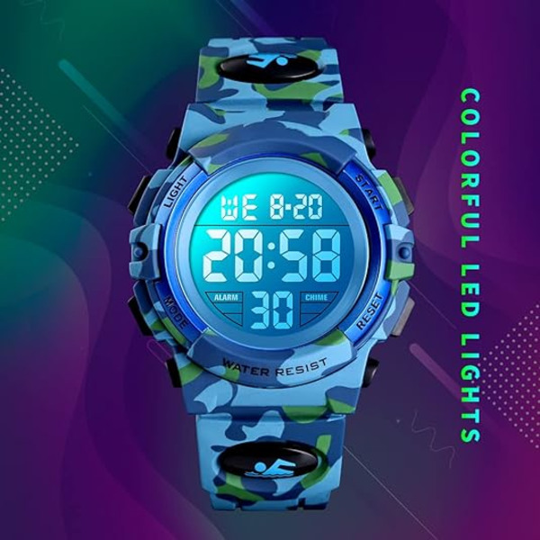 Watch för barn Utomhussport 50M Vattentät elektroniska klockor Väckarklocka 12/24 H Stoppur Kalender Pojke Tjej Armbandsur