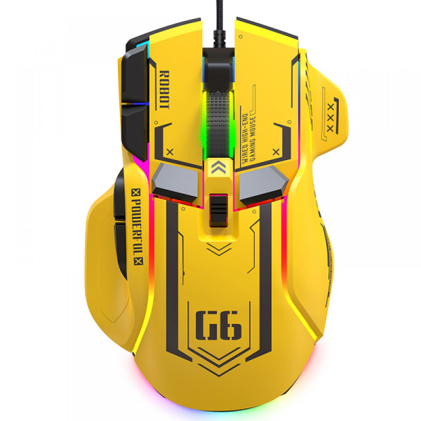G6 trådbunden mekanisk mus, makroprogrammerbar, levande färg RGB-belysning, spelmus för dator och bärbar dator, gul