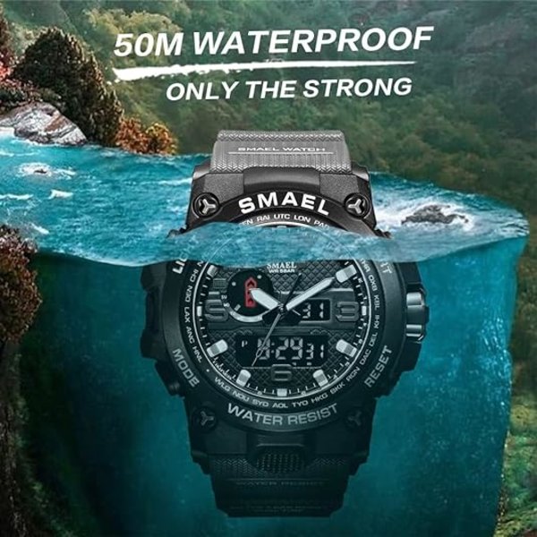 Analog digital watch för män Stort ansikte Utomhussport Vattentäta militära armbandsur med Date Multifunction Tactics LED Army Stoppur