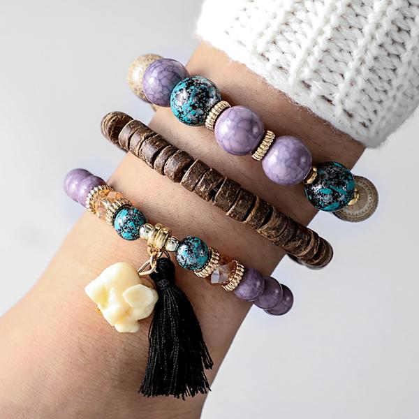 3 st/ set Kvinnor Bohemia Style Wood Texture Tofs Pärlor Armband Smycken