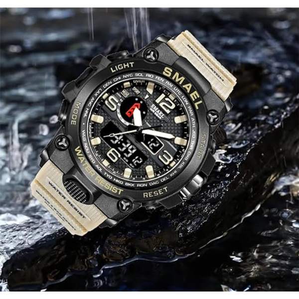 Khaki och blå analog digital watch för män Big Face Utomhussport Vattentät militär armbandsur med datum Multifunktion Taktisk LED Army Stop