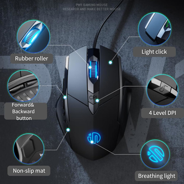 Trådbunden mus, tyst klick, 3200 dpi justerbar och 6 knappar, ergonomisk design, optisk USB -mus optimerad för bärbar dator arbete och spel 6 nyckelspel Bl