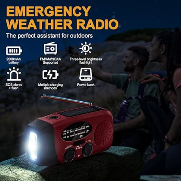 Bärbar Solar Radio Nödradio Väder 2000mAh Handvev Radio med AM FM NOAA Dynamo Radio IPX3 Telefon Laddning med LED Ficklampa SOS Alarm U