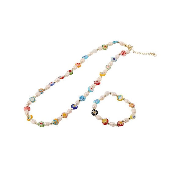 Sommar Kort pärlhalsband och armband för kvinnor,färgat glasblommor halsband med pärlpärlor Modesmycken Födelsedagspresenter till henne