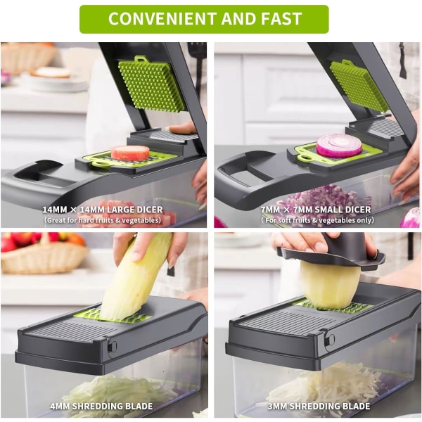 Grönsakshackare SlicerMultifunktionell 13-i-1 Mat VegetariskLökPotatisFrukt Hackare med behållare, 8 utbytbara blad, handskydd, dränering
