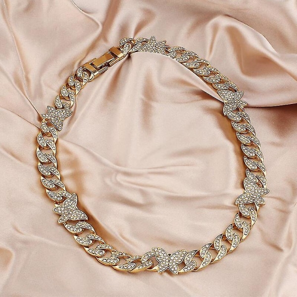 Europeisk Och Amerikansk Ins Style Personlighet Full Diamant Kubansk fjärilshalsband Guldfärg Damhalsband Hip Hop Smycken,barn,7