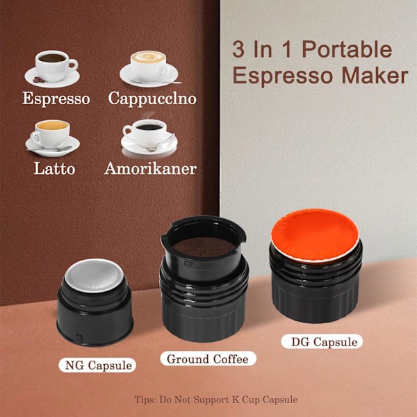 Bärbar espressomaskin, Mini espressomaskin, Självvärmd kaffemaskin Kompatibel Malet kaffe, Handkaffemaskin
