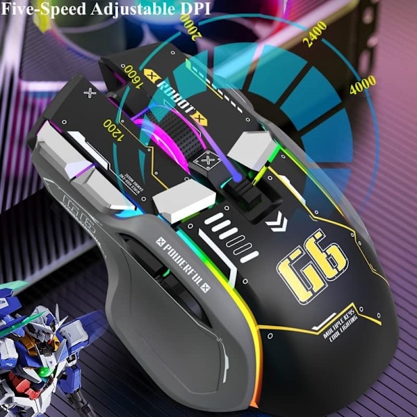 G6 trådlös spelmus, Bluetooth mus, 3-lägesanslutning, Mecha Style Design, 12 nycklar, 11 RGB-belysning, 5 DPI Justerbar, 4000 FPS, Ergonomi, PC