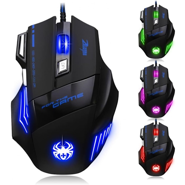 Gamingmus, 7200DPI trådbunden mus, 7-knapps ergonomisk mus, USB musdator, musspel för PC, Mac Black