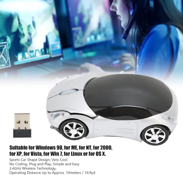 Trådlös spelmus, sportbilsform, 2,4 GHz trådlös, USB, silver