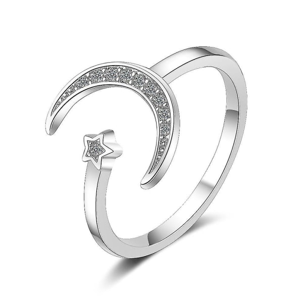 S925 Sterling Silver Crescent Moon And Star Ring Syntetisk opal öppen ring Justerbar ring present till kvinnor, vuxen, kvinna