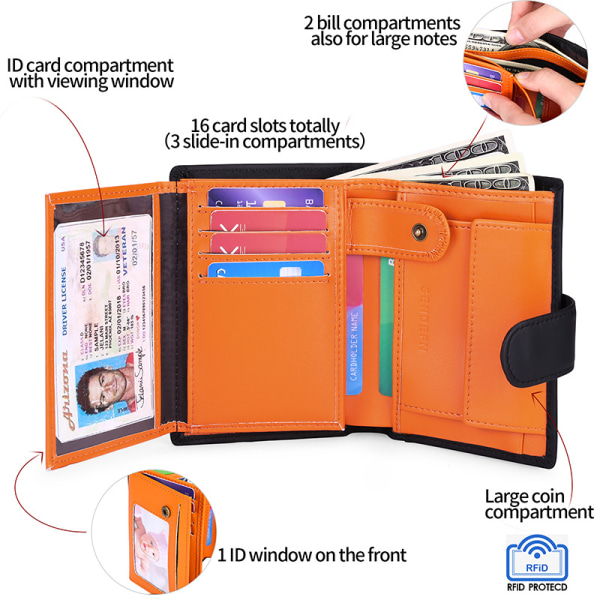 Stor trefaldig plånbok för män i äkta läder, RFID-blockerande plånbok för män med 18 kreditkortsfack, 3 sedelfack, 1 myntficka