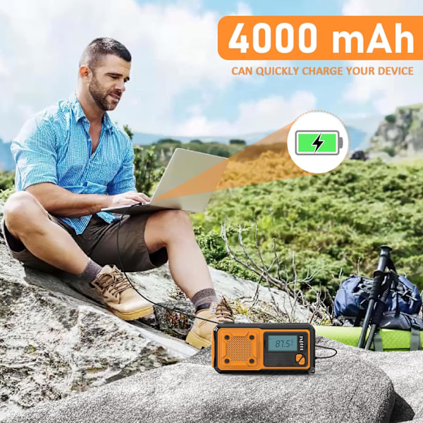 Solradio, Bärbar Radio, Nödväder 4000mAh Handvevradio med FM/AM(MW)/SW/WBA Dynamoradio, med LED-ficklampa/SOS-alarm/USB-kabel för