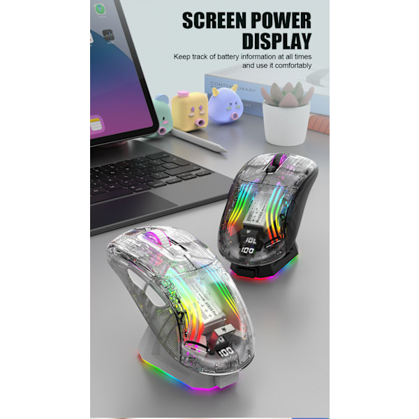 Bluetooth trådlös mus, tri mode RGB transparent mus, mus med laddningsbas