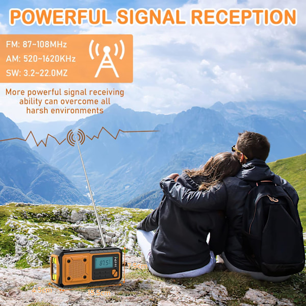 Solradio, Bärbar Radio, Nödväder 4000mAh Handvevradio med FM/AM(MW)/SW/WBA Dynamoradio, med LED-ficklampa/SOS-alarm/USB-kabel för