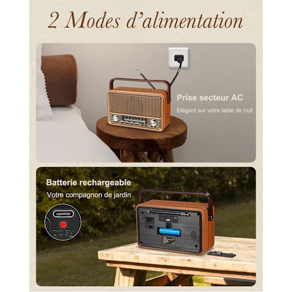 J-120 Vintage-radio, AM/FM/SW Kannettava Radio 1800mAh Latautuvalla Akulla tai AC-Virtalähteellä, Bluetooth-radio, Vintage Retro Radio Tukee USB/