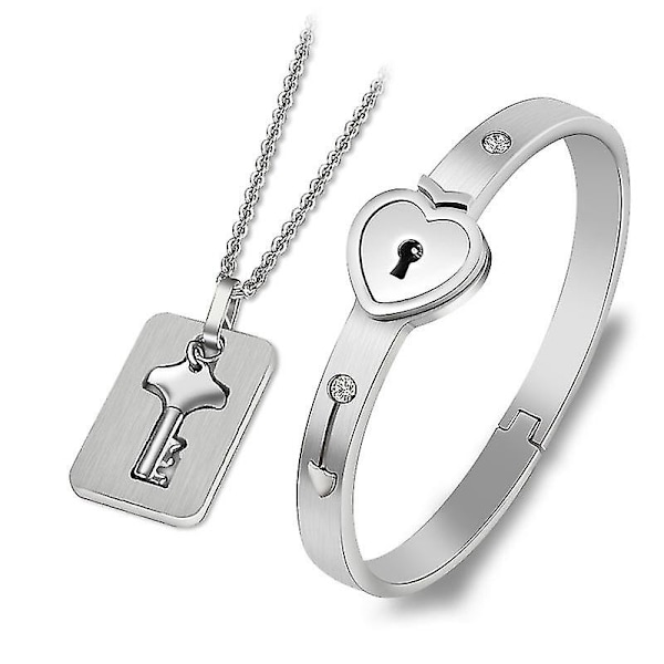 Set av Master Collection Manschettlås Armband Och Nyckel Halsband Par Armband Koncentriskt Lås Kärlekslås Titan Stål Armband Nyckel (fyrkantig platta Silve