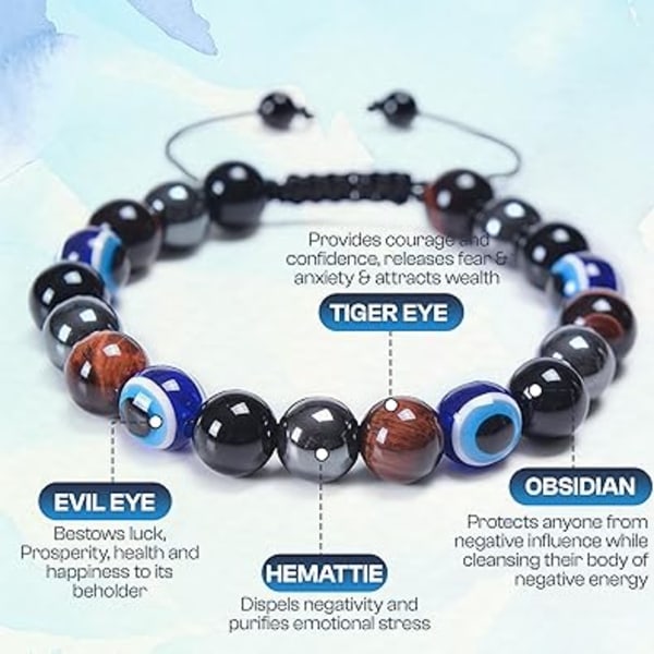 Evil Eye-armband - unisex -smycken för skydd, förmögenhet, god karma, positivitet - Snygg charm med tigeröga och obsidianstenar - 8 mm pärlor, 7" annons