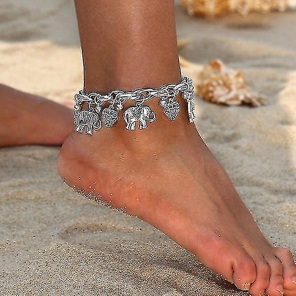 Beach Anklet Bohemian Outdoor Women's Multi-layer Anklet Vintage Gravering Elephant Anklet Animal Bead Ankles Hjärta Armband, vuxen, Silver