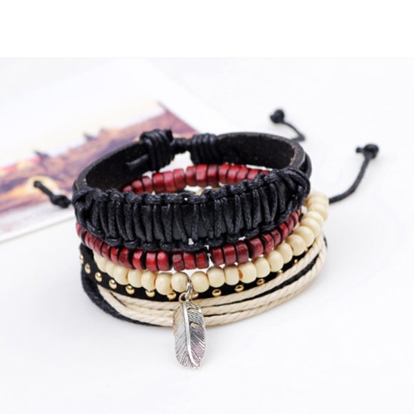 Justerbar Mode Enkel Multilevel Retro Faux Feather Beaded Woven Wrist Armband Set