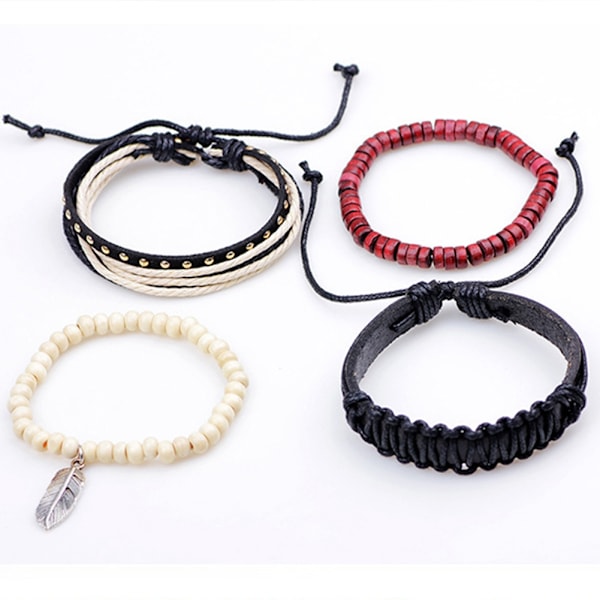 Justerbar Mode Enkel Multilevel Retro Faux Feather Beaded Woven Wrist Armband Set
