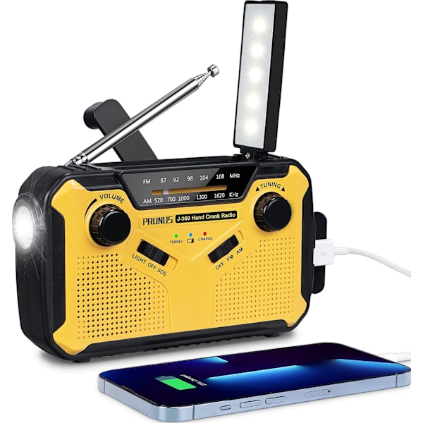 Bärbar Dynamo Överlevnadsradio, J-369 AM/FM Solhandvevradio, Bärbar Batteriradio med 3000mAh Powerbank/SOS-Alarm/Ficklampa/3W Högtalare, O