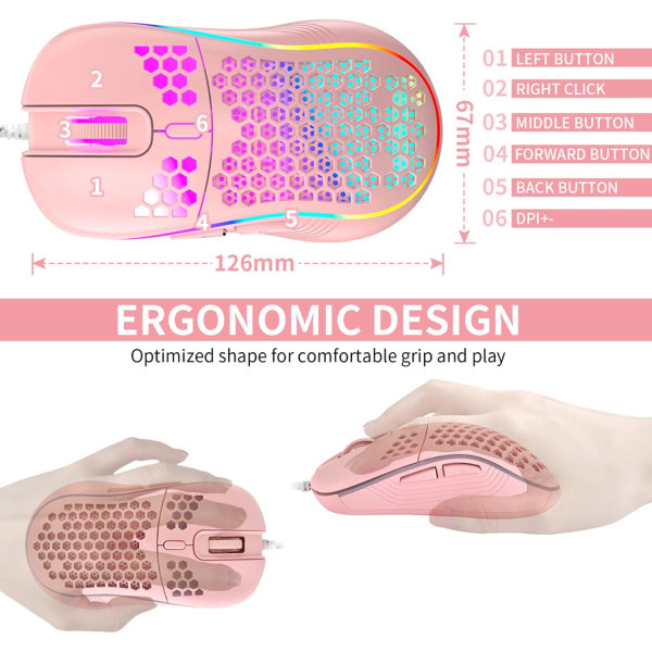 Honeycomb trådad spelmus, RGB-bakgrundsbelysning, ergonomisk och lätt USB -datormus med högprecisionssensor för bärbara Windows-datorspelare (C