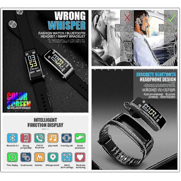 2 i 1 Smart Armband Bluetooth Headset Vattentät Watch Trådlös hörlur Y1, vuxen, svart