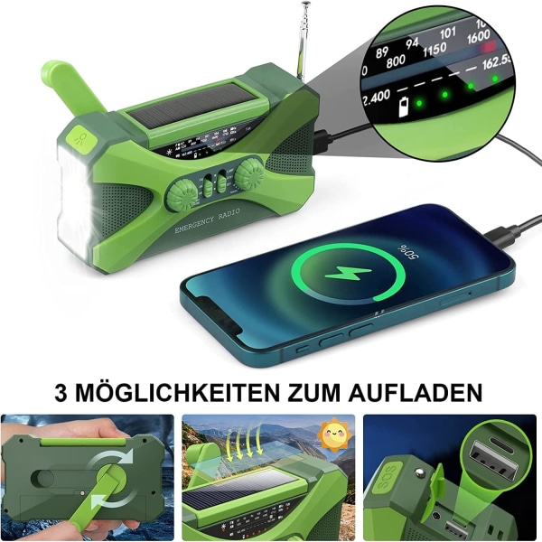 2022 Solcellsradio Nödradio med vev, 10000mAh Bärbar Vevradio FM/AM/NOAA Dynamo Radio med 3 lägen Ficklampa, Läslampa, SOS-larm, W