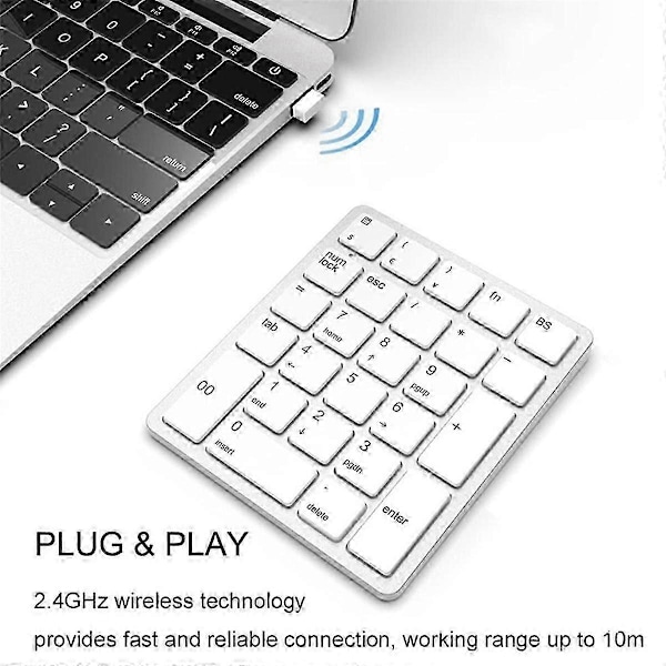 Trådløst numerisk tastatur 2,4 GHz trådløst oppladbart numerisk tastatur for bærbare datamaskiner, hvit