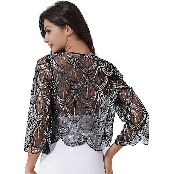 ##/Lille Sequin Sjal til Kvinder - Sort, Vintage Bolero Bryllup Eveni##/