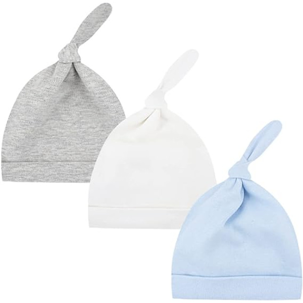 3-pack baby mössa med rosett 0-6 månader (grå, vit, ljusblå) Nyfödd
