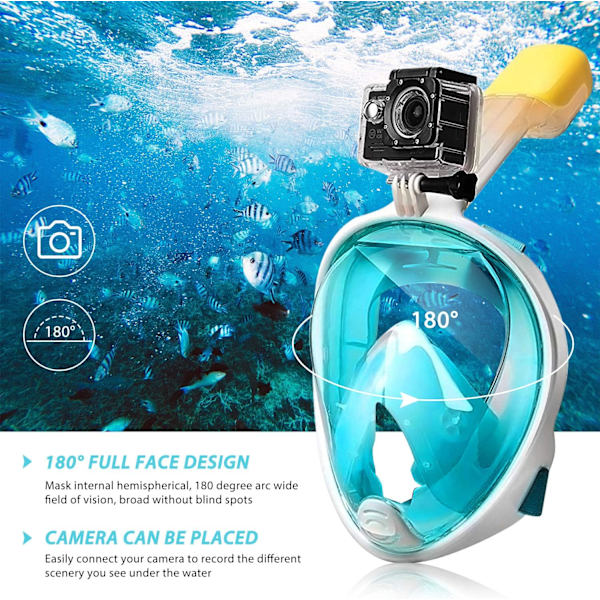 Snorkelmaske 180° Fuldt Ansigt, Dykkermaske Fri Åndedrætsdesign An