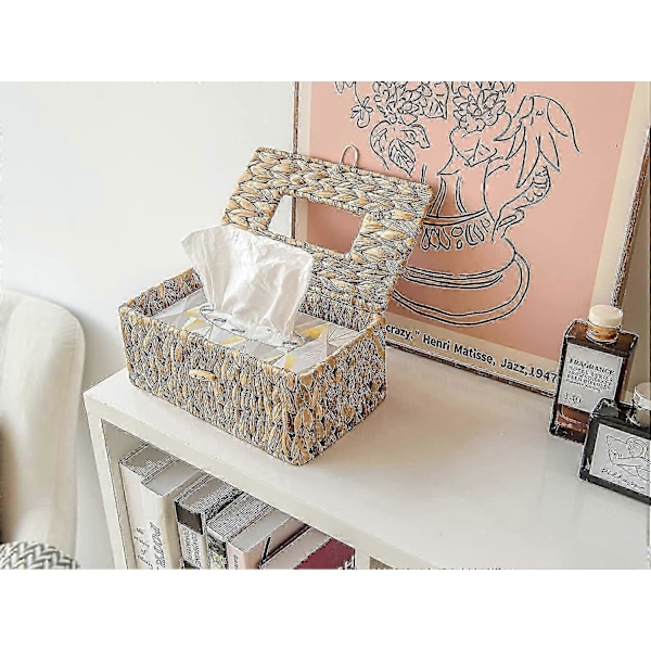 Servietholder i flet, vævskassebetræk i vandhyacint, dekorativ vævskasseholder med låg, håndvævet servietdispenser, 1 stk., 25,4 cm L x 15,2 cm B x 10,2 cm H