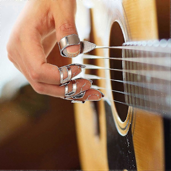8 st Gitarr Plektrum Tumme Finger Plektrum Rostfritt Stål Gitarrplektrum med Plastfodral för Elgitarr Bas Ukulele (Silver)